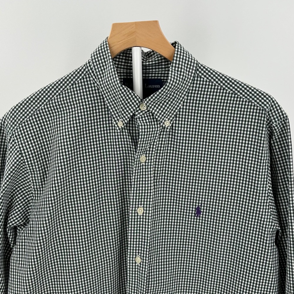 Ralph Lauren Classic Fit Gingham Button Down‎ Shirt Green White Mens 16.5 L